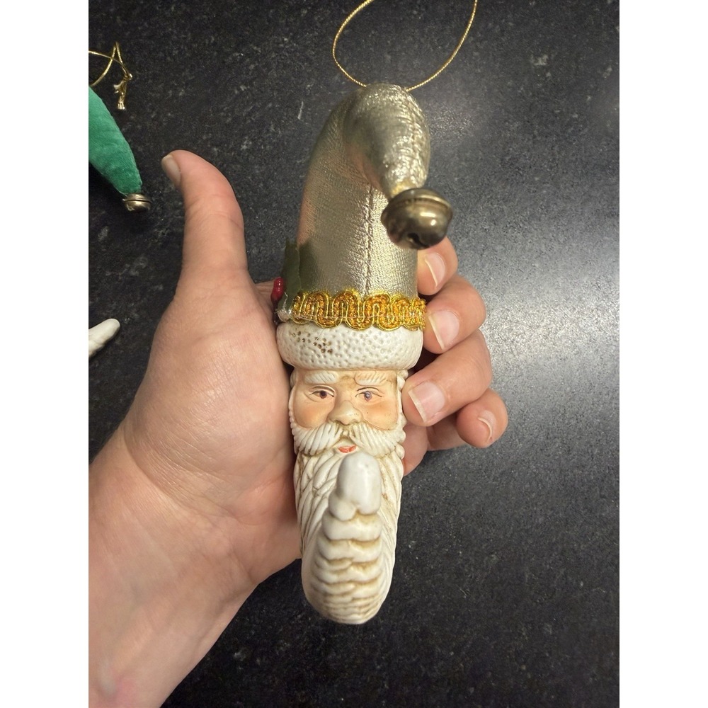 Vintage Set of 4 Porcelain Santa Face Christmas Ornaments Flocked Hats 5" - Picture 6 of 6